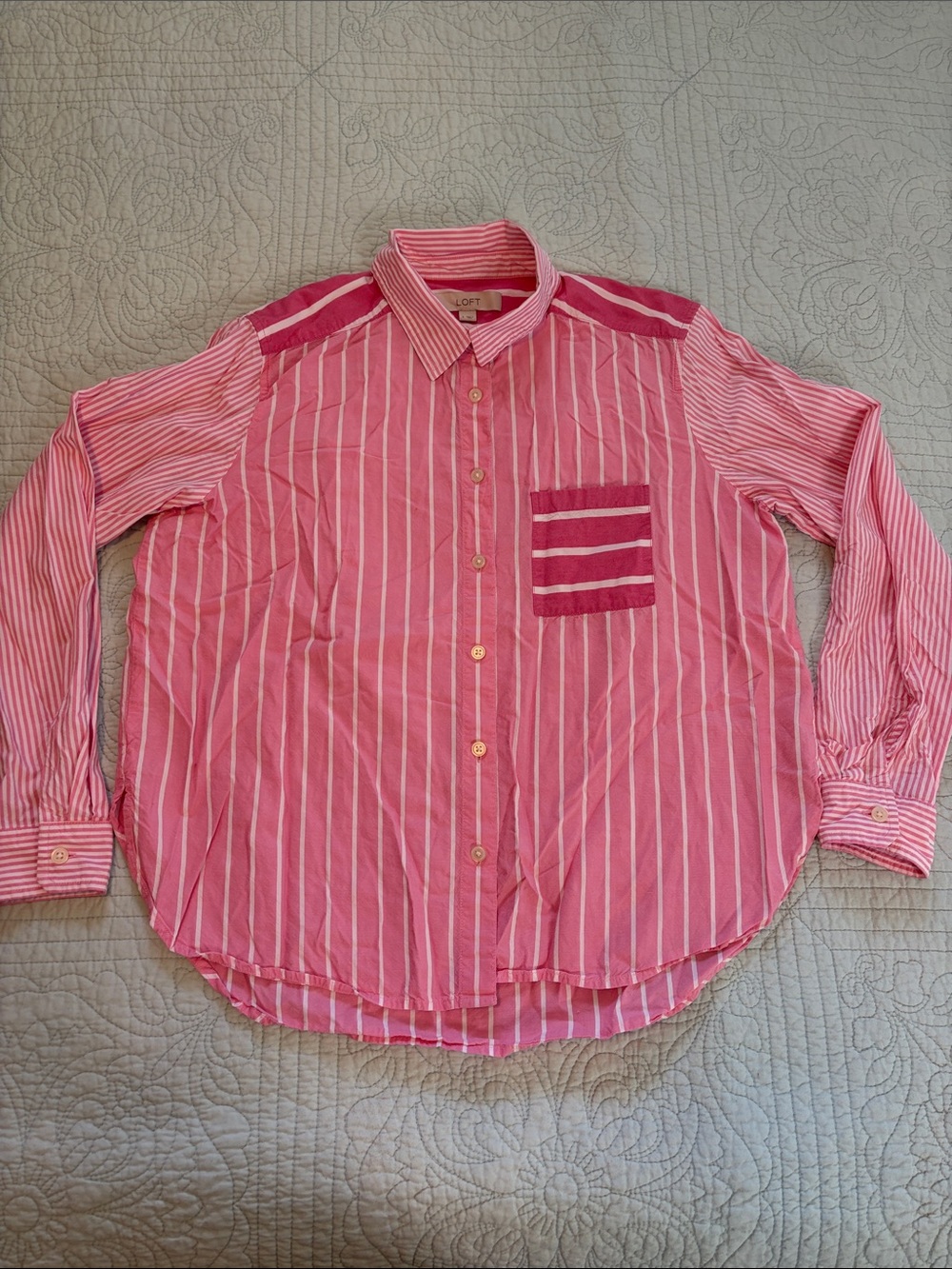 LOFT Pink Striped Button-Down Shirt with Chest Pocket